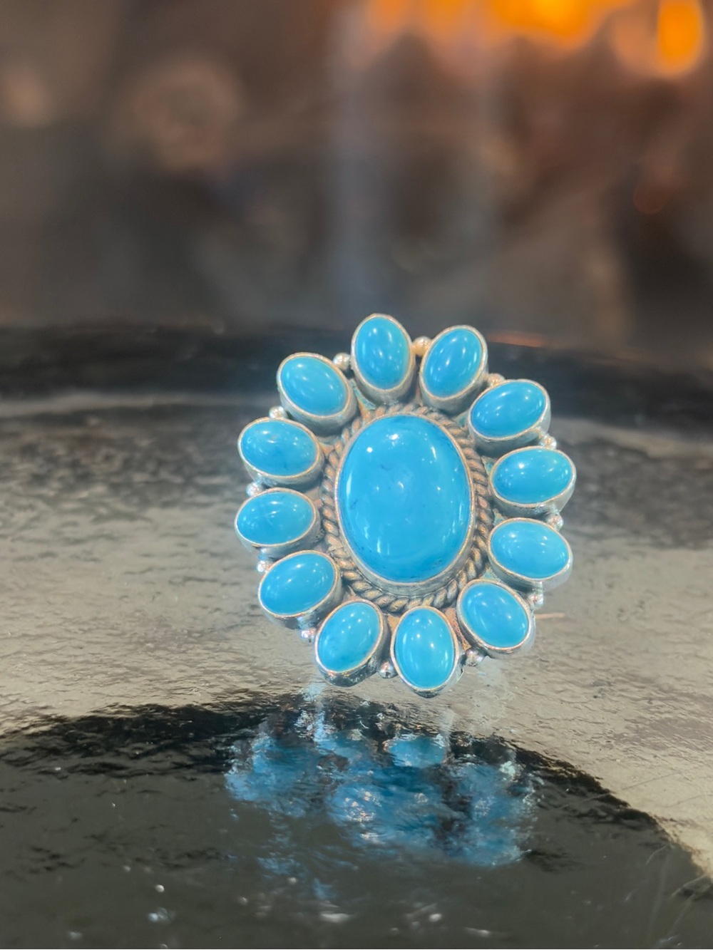 925 Sterling Sliver Arizona turquoise halo flower rings size 7